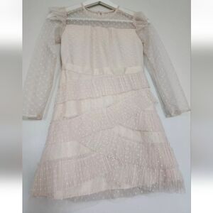 BCBG GIRLS LIGHT BEIGE RUFFLES FRILLS SHEER SLEEVES FIT & FLARE DRESS 8